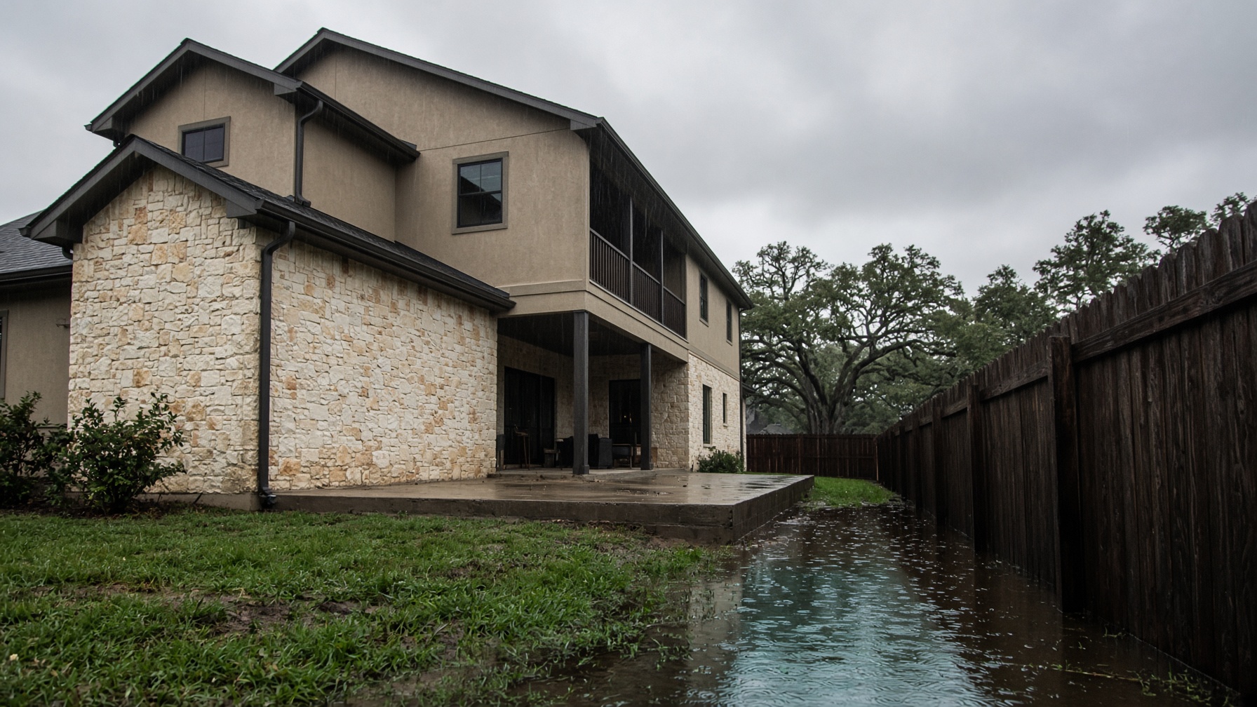 Two-story Liberty Hill new-build after a storm, standing water pooled along a cedar fence and against the slab.