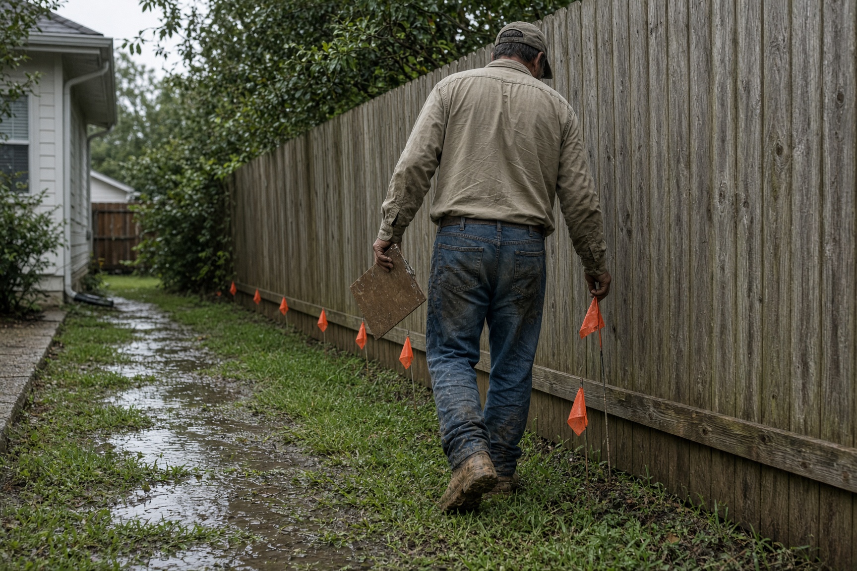 Contractor walking a wet Texas side yard, placing orange flags along a drain line.