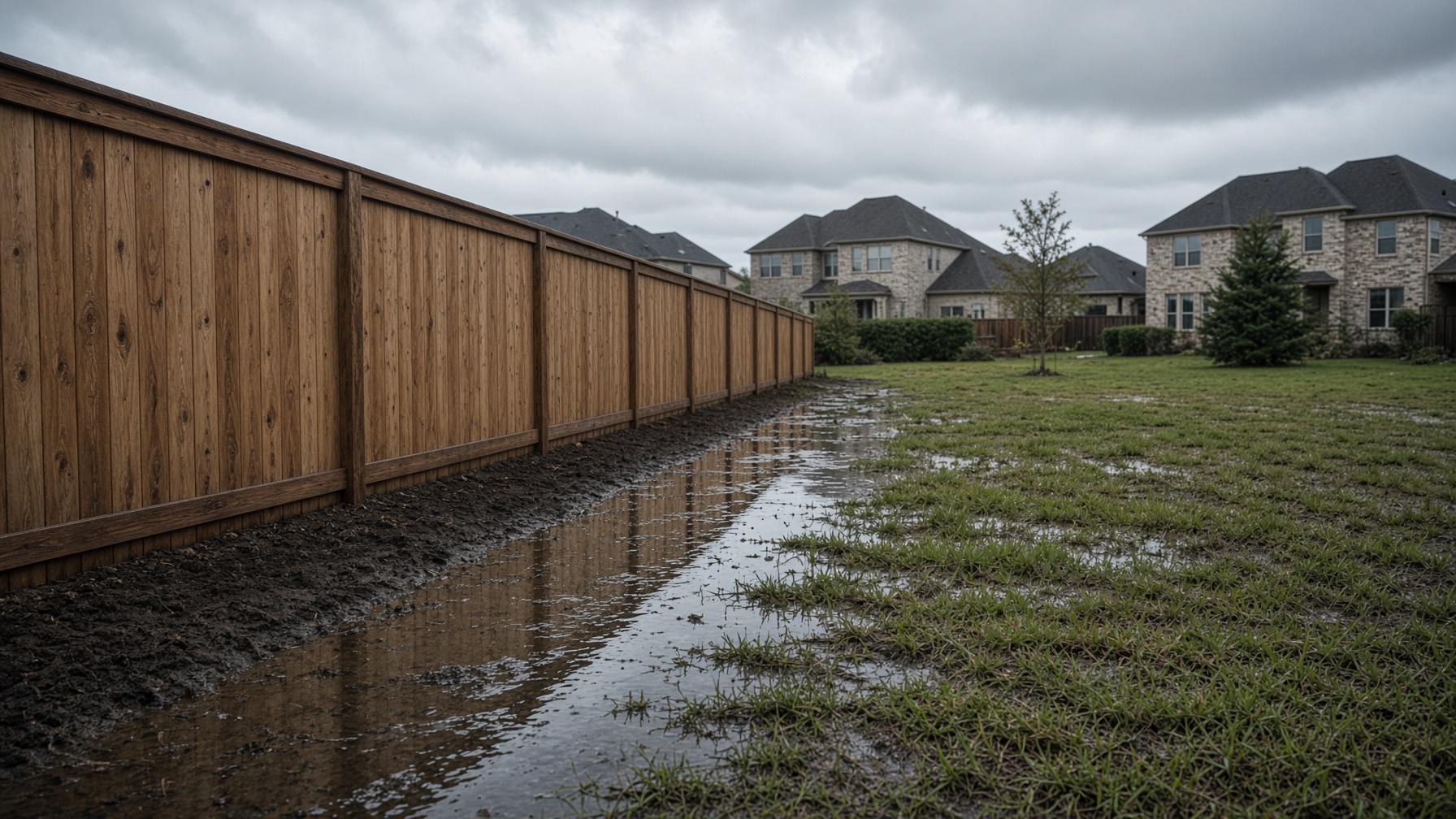 Standing rainwater ponded along a cedar fence line in a suburban Texas backyard.